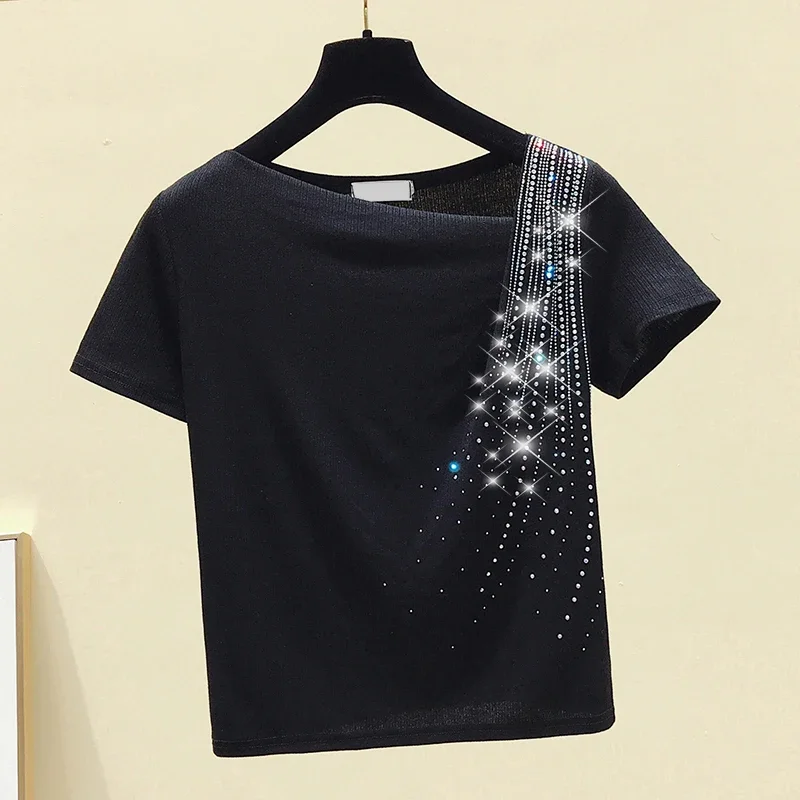 Solid Short Sleeve Tee Tops Casual Women Clothing Spring Summer New Irregular Diamonds Tops Black Blouse Femme Blusas 10016