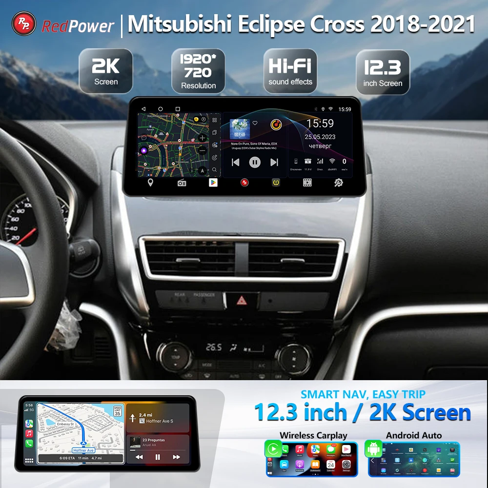 레드파워 12.3인치 미쓰비시 이클립스 2018-2021용 카 라디오 멀티미디어 플레이어 스크린 GPS 안드로이드 10 내비게이션 카플레이 DSP