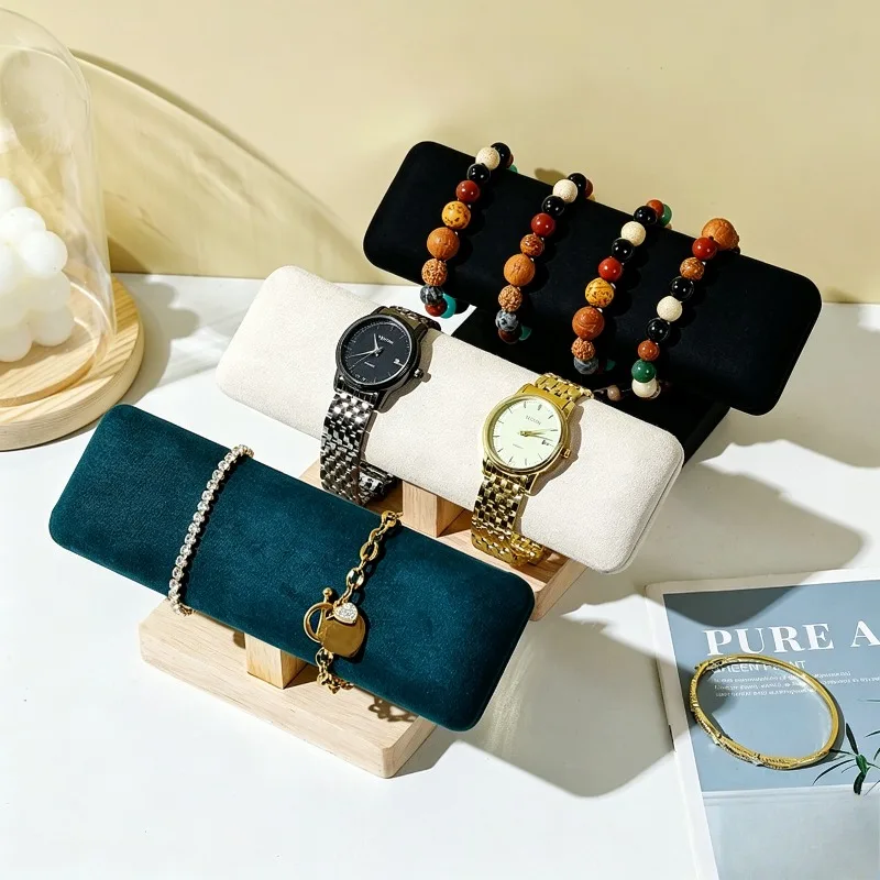 

Solid Wood Velvet Single Layer Watch Bracelet Display Stand, Jewelry Storage Rack for Bangle Beaded Bracelet and Ornaments
