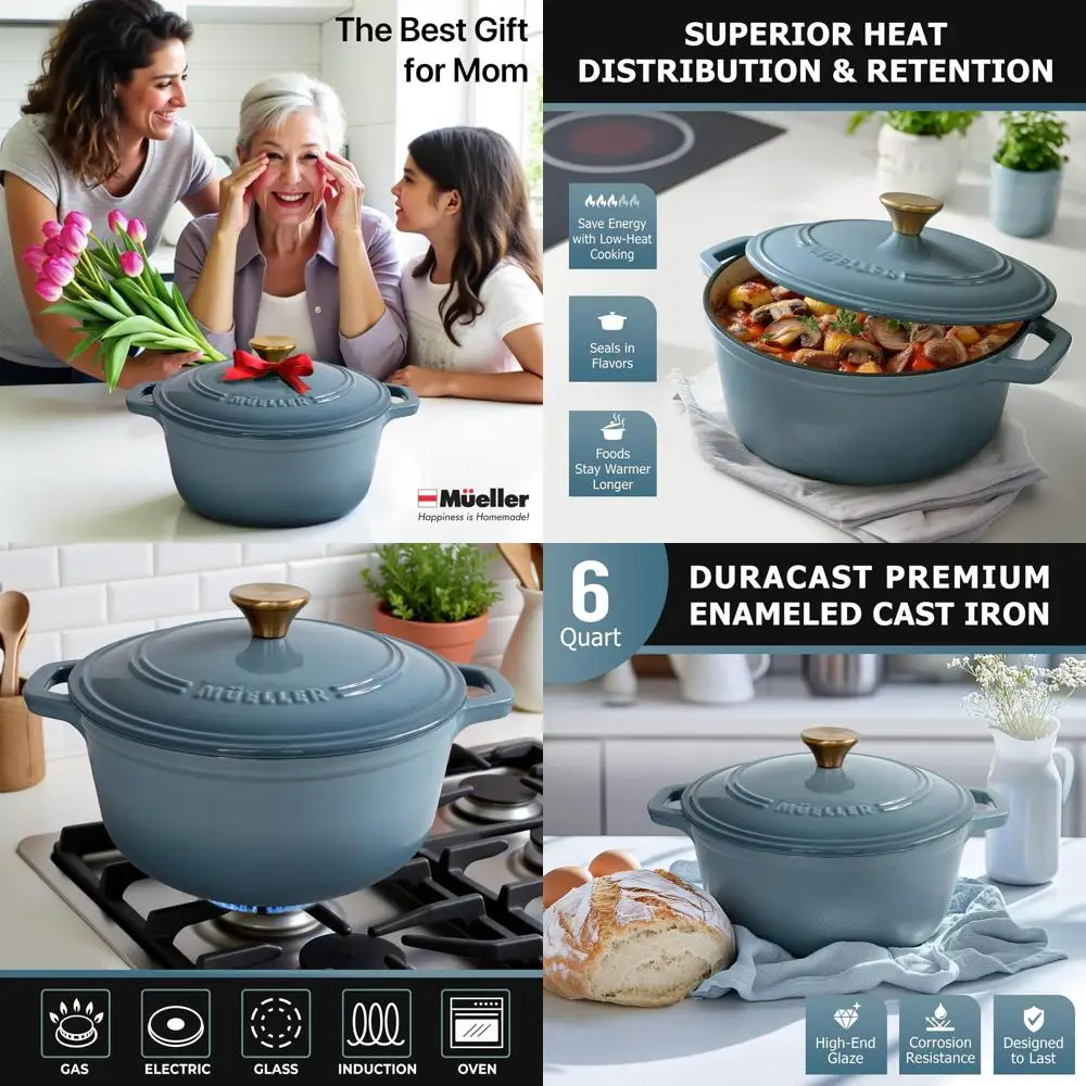 

Enameled Cast Iron Dutch Oven, 6 Quart, Heavy Duty, Oven Safe up to 500°F, All Cooktops, Bread Pan with Lid and Knob, Blue Kitch