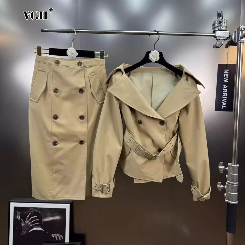 

VGH Solid Two Piece Suit for Women Lapel Spliced Double Breasted Windbreaker High Waist Slimming Midi Skirt Suit Female Autumn