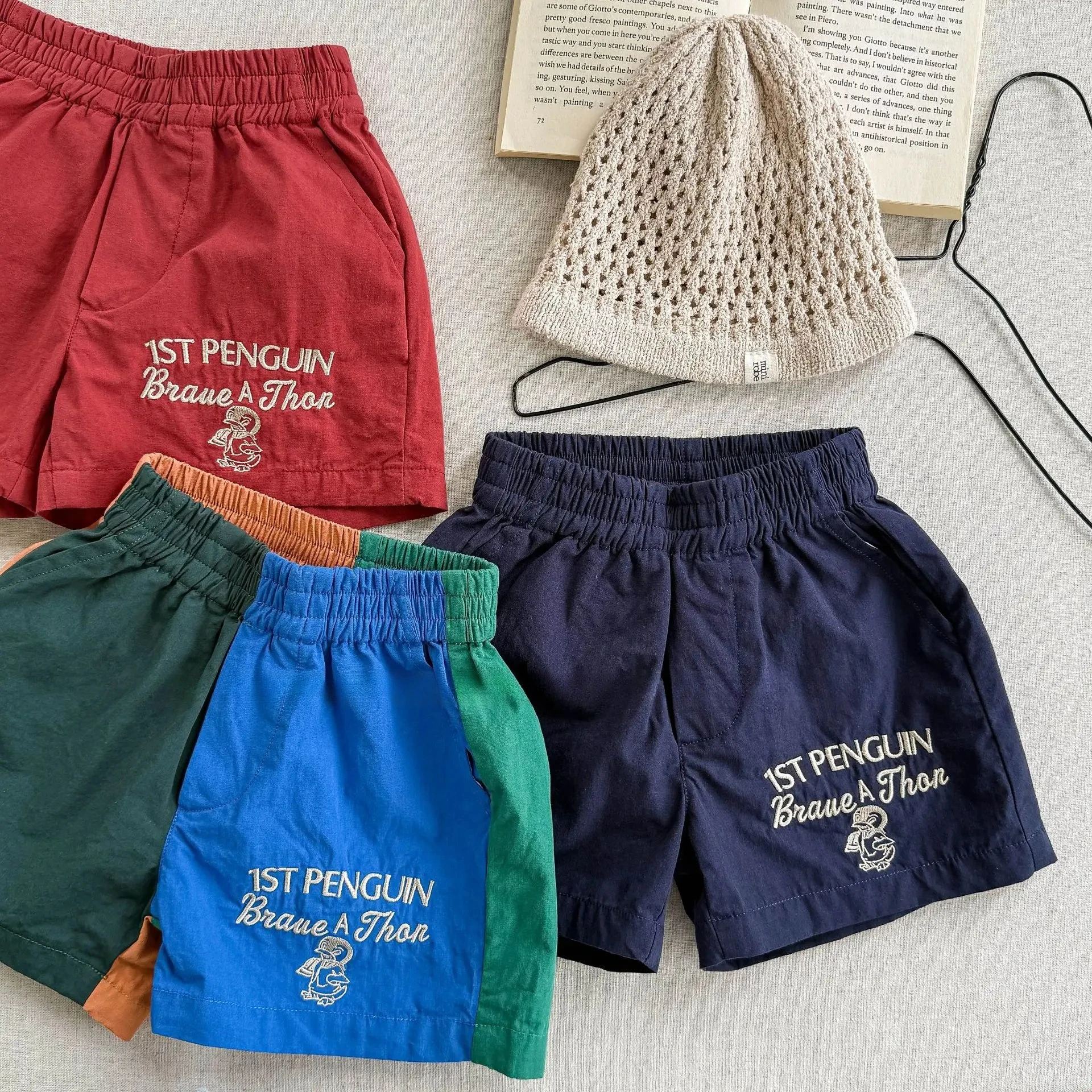 Kids Summer Elastic Waist Shorts Cute Penguin Letter Embroidery Color-block Loose Casual Bottoms Boys Girls Beach Vacation Pants