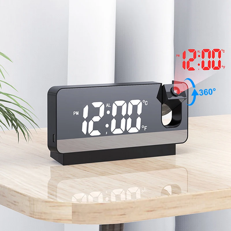 360° Projection Digital Alarm Clock LED Electronic Table Watch Clock Bedside Desk Clock Temperature Date Display Snooze Model