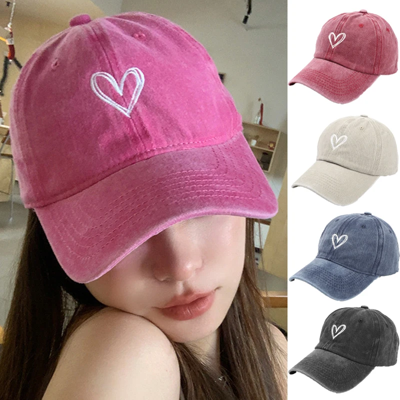 Heart Love Baseball Hats Women Wide Brim Washed Cotton Sun Hat Korean Retro Casual Aged Visor Cap Spring Summer Sunshade Visors