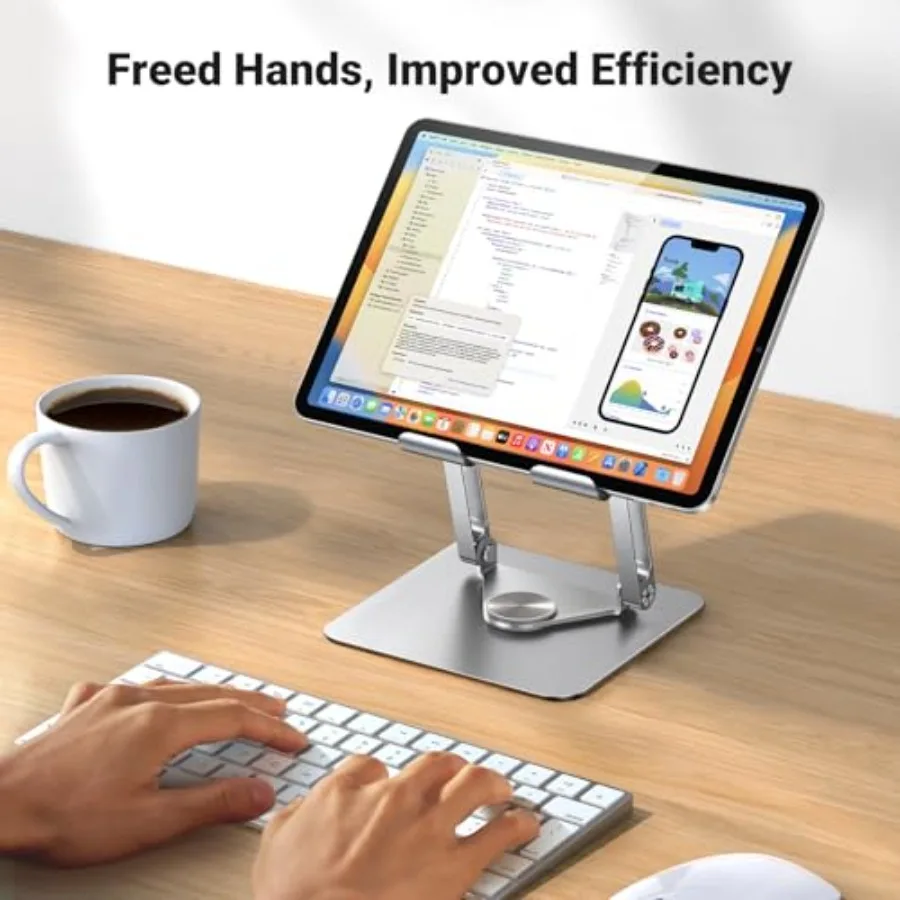 Suporte para tablet para mesa com base giratória 360, suporte de haste dupla de alumínio ajustável, acessórios para escritório doméstico, compatível com inteligência