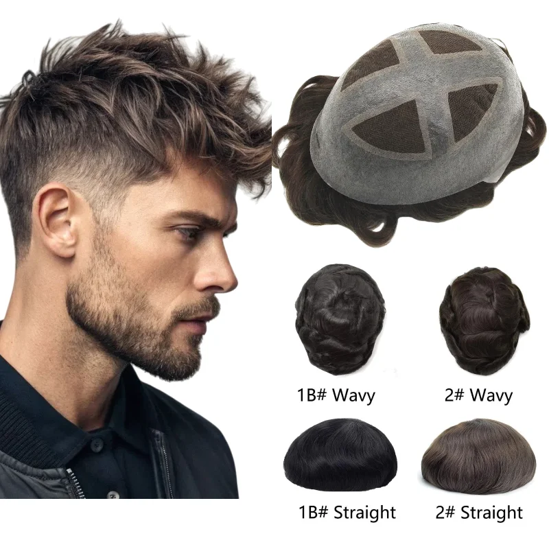 

Human Hair Toupee For Men Cross Over PU | Skin Top & Lace+PU Sides, Color #4 Strong Bond Hair System For Sports