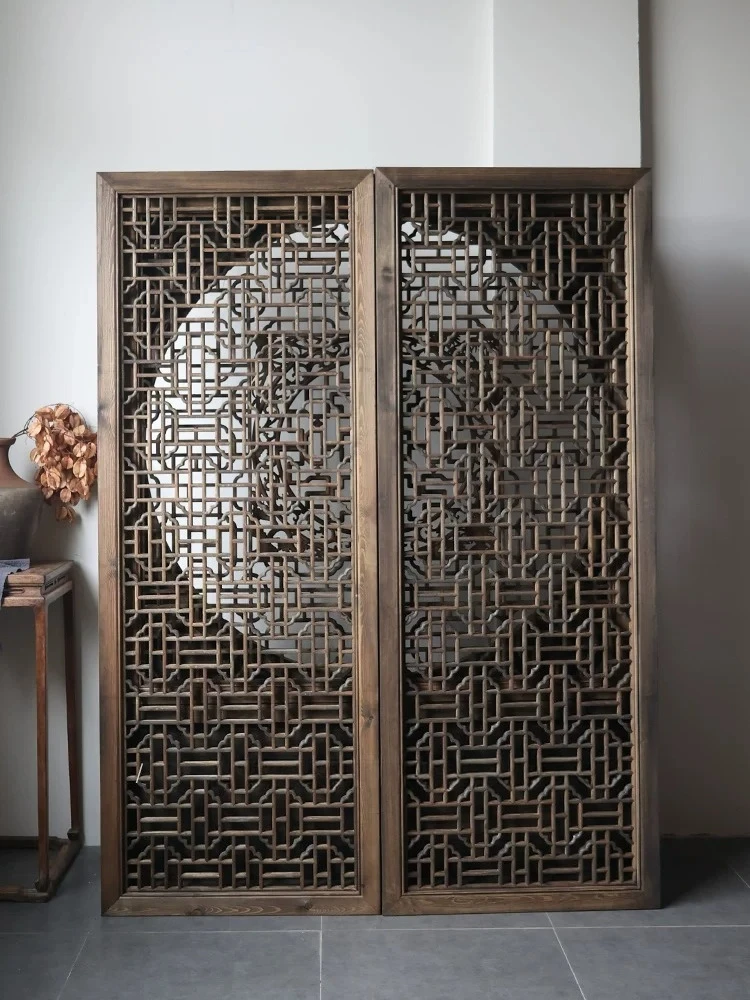 Screen partition living room folding screen hollow flower window background Chinese solid wood antique