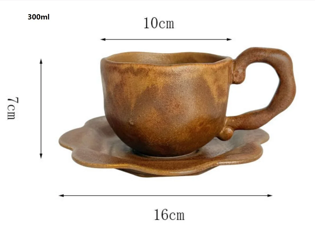 300ML Creative Kiln Changes Mug and Dish Set Japanese Retro Ceramic Tea Cup Beverage Cup Household Latte Coffee Cup Water Cups
