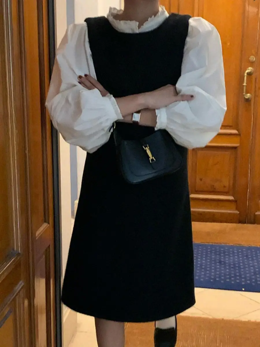 

WithoutSummer Lace Trim irt And Tweed Vest Dr Set Spring Faion Ele Sle Long Sve Stand Collar Dr