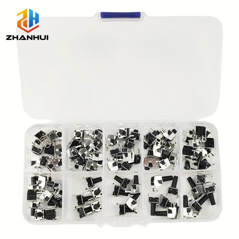 6x6mm Side Push Tact Switch (80 Pcs), SMD Right Angle PCB Connectors with Bracket, 4.3-12mm Height