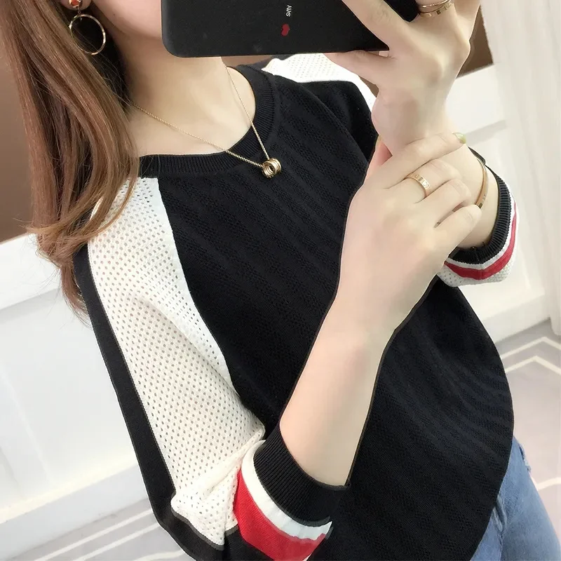 Korean Female Hollowing Out Sweater Coat 2024 Women Thin Style Middle Sleeve Undershirt Outwear Lady Ice Shreds Knitwear Jacket