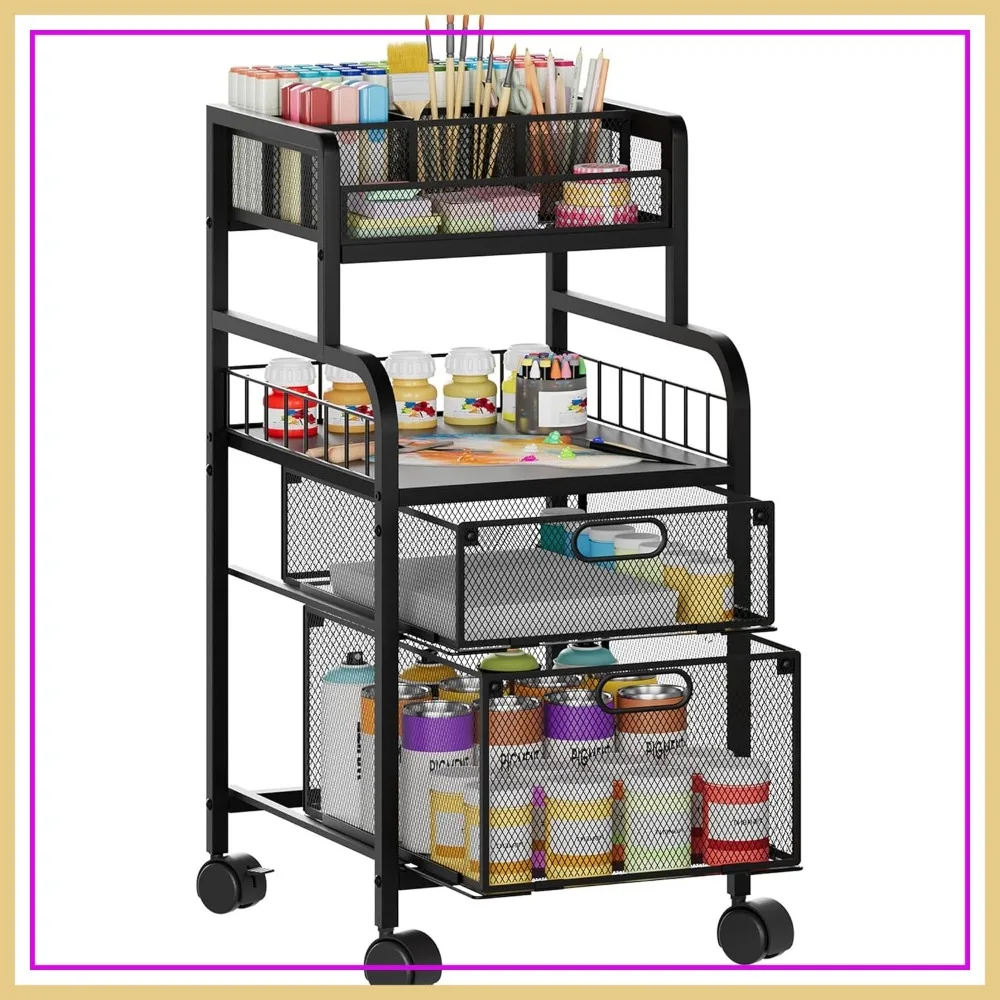 

Metal Utility Cart with Wood Shelf, DIY Divider & Locking Wheels, Craft Organizer for Under Desk Storage, Black