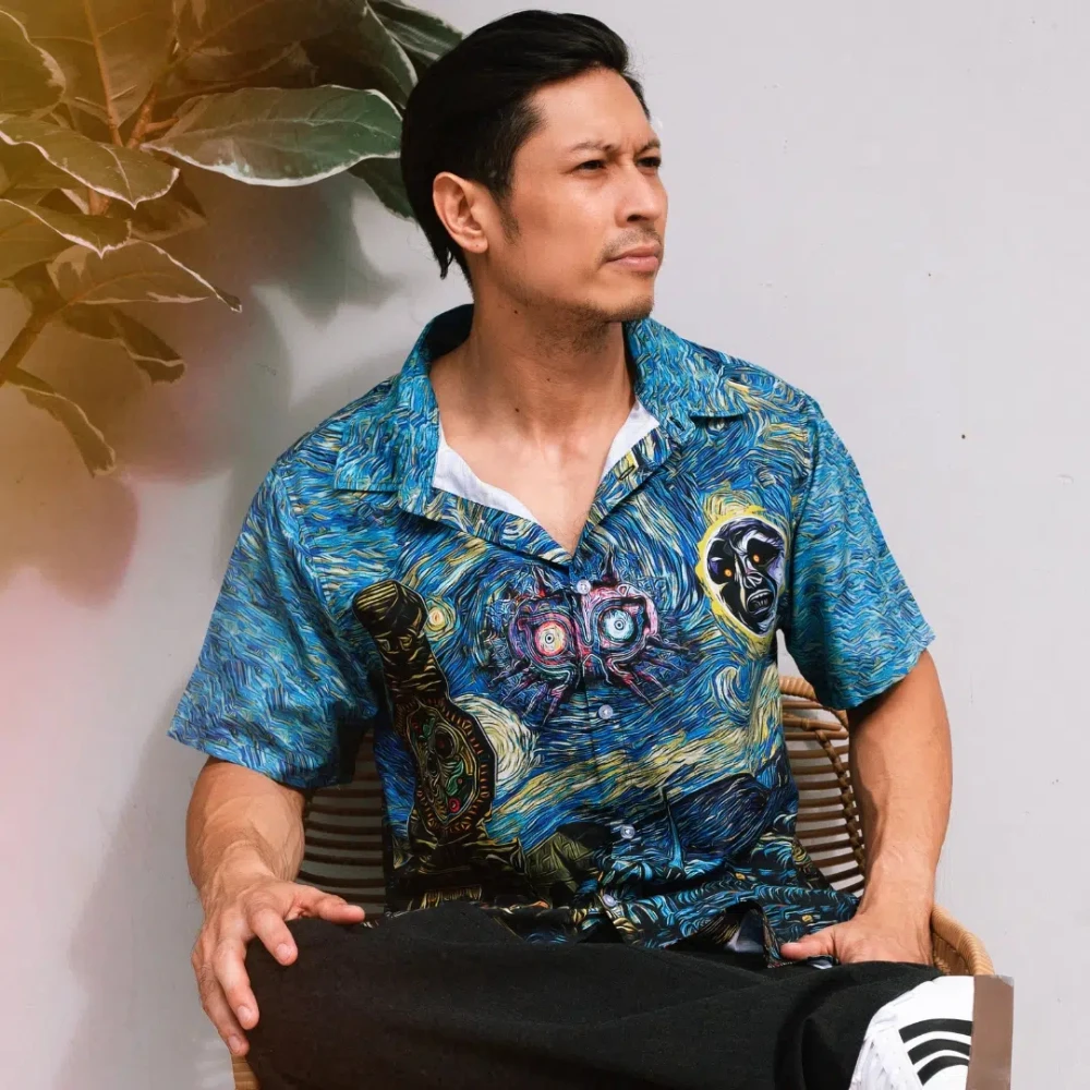 Zelda Majora's Mask Starry Night Print Men Hawaiian Short Sleeve Camp Collar Game Art Casual Beach Shirt