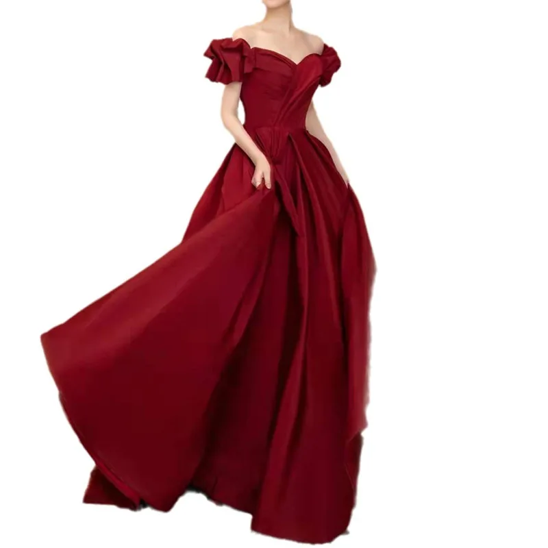 Off Shoulder Bridal Wedding Dress Burgundy Female Formal Party Dress Qipao Banquet Retro Princess Dress Sexy Maxi Dress