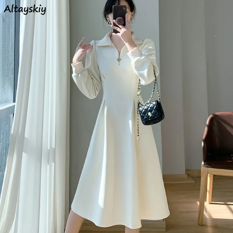 French Women Long Sleeve Dress Gentle Temper Zipper Turn-down Collar Vestidos Autumn Simple Classy Ladies Romantic Midi Dress