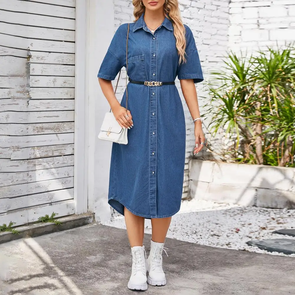 2026 Denim Dress for Women Short Sleeve Jean Dress Button Down Lapel Shirt Dress Summer Midi Shift Dresses with Pockets