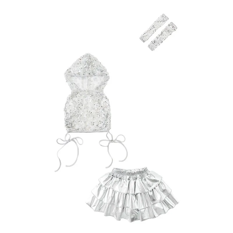 Ropa de Hip Hop Kpop para chico, Sudadera con capucha de lentejuelas plateadas, tanque corto de piel sintética, minifalda plisada en capas para niña, traje de baile, ropa
