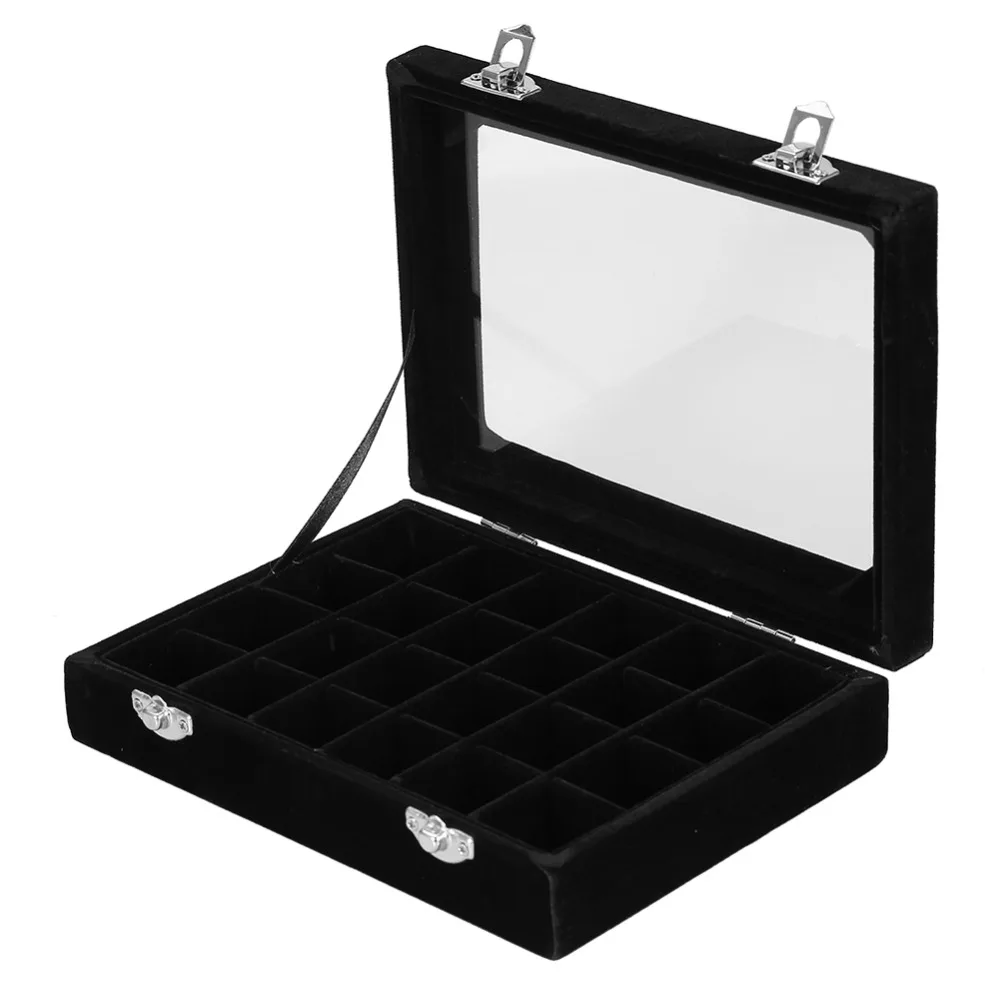 Velvet 24 Grids Rhinestone & Nail Gem Storage Box Black Transparent Lid Black Velvet Jewelry Display Box Lockable Design