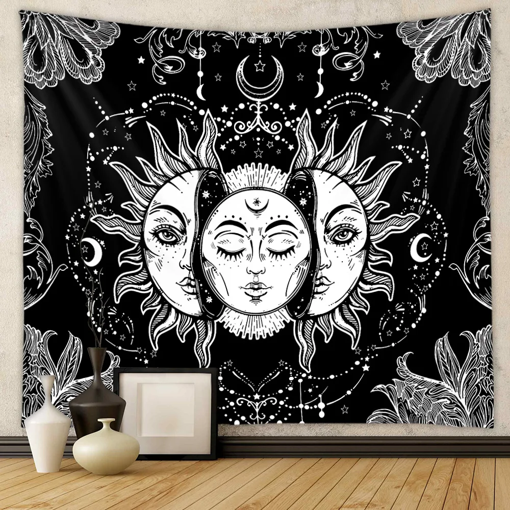 Tapisserie de jardin éclairée de lune, tenture murale florale céleste, Phase de lune, soleil étoilé noir, tapis Hippie botanique, décor