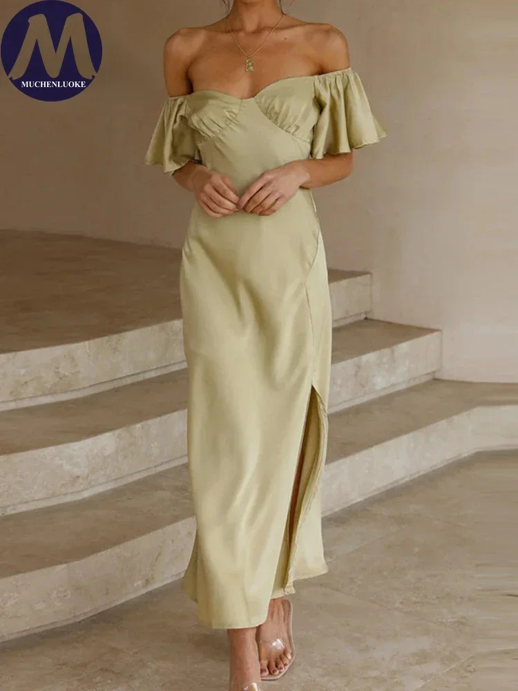 

Women's Short Sleeve Slash Neck Dress, Mid Length Evening Dress, Sexy Off Shoulder, Monochromatic, Fashion, New, 2025