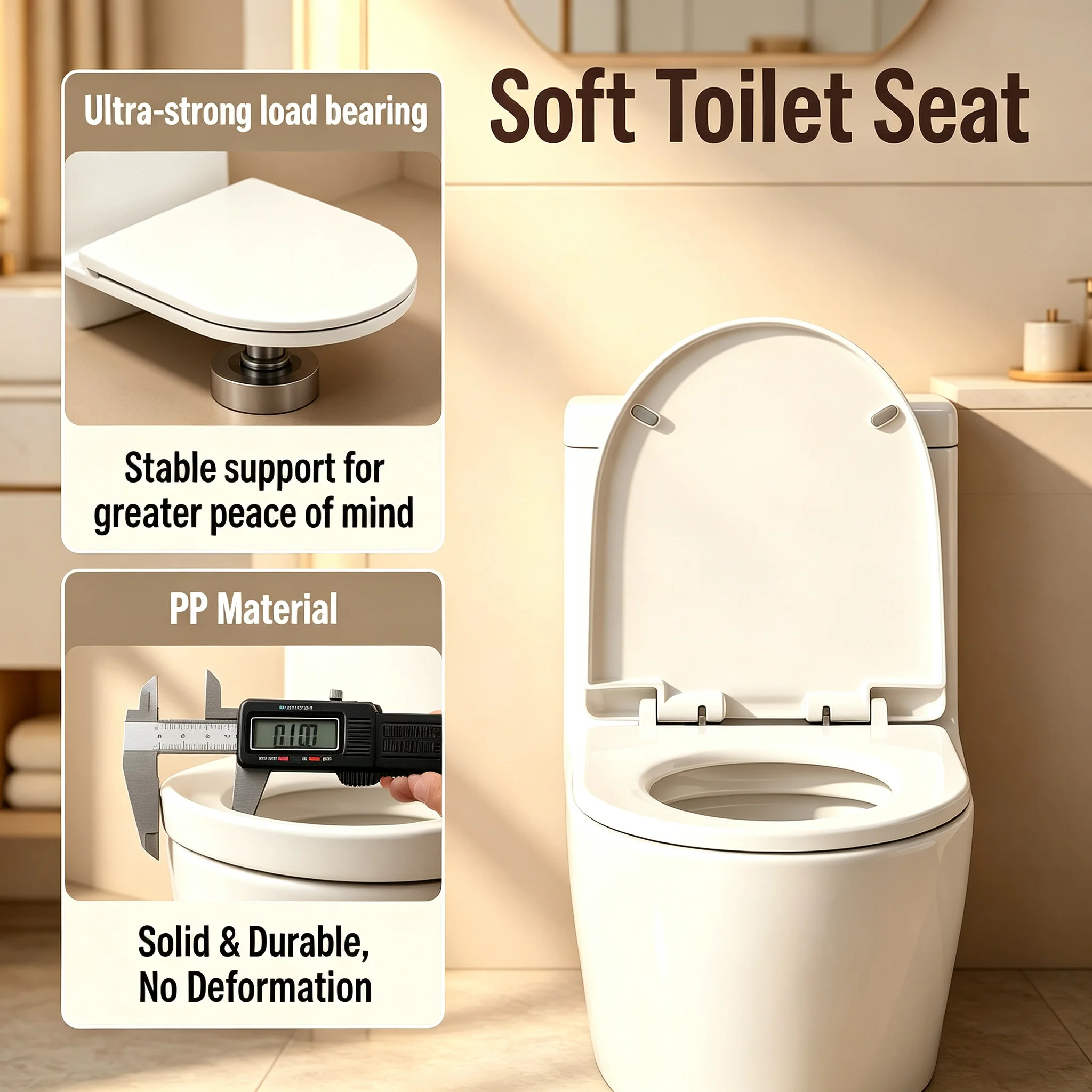 Thickened PP Toilet Seat Cover Silent Slow Close Quick Release Hinge Heavy‑Duty Load Bearing Anti‑Deformation Replacement Lid