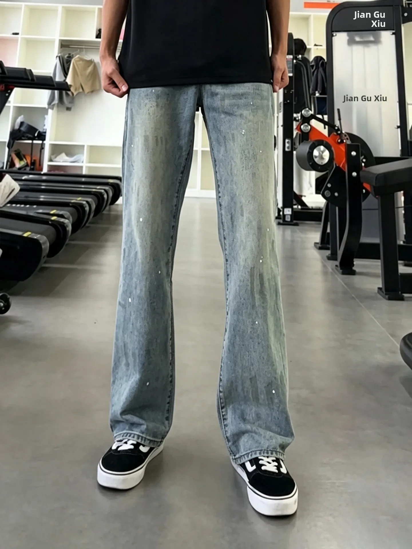 American Style Graffiti Washed Men's Jeans High Street Slim Straight Leg Micro Flared Pants Autumn Trend Youth Casual Denim