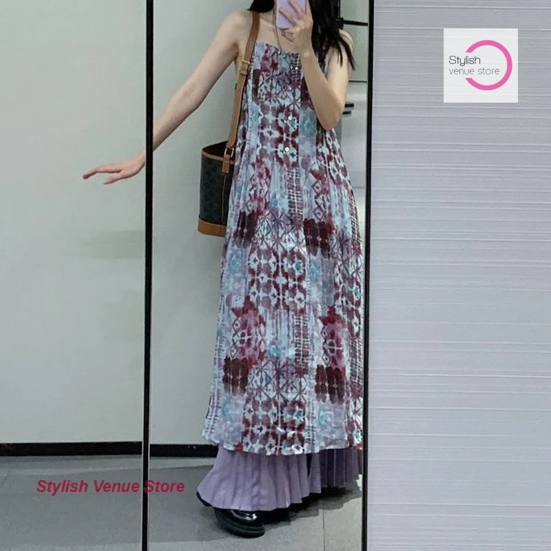 

Summer new purple Bohemian wind smudge sling dress female French unique retro printing artistic sense slim A-word long skirt