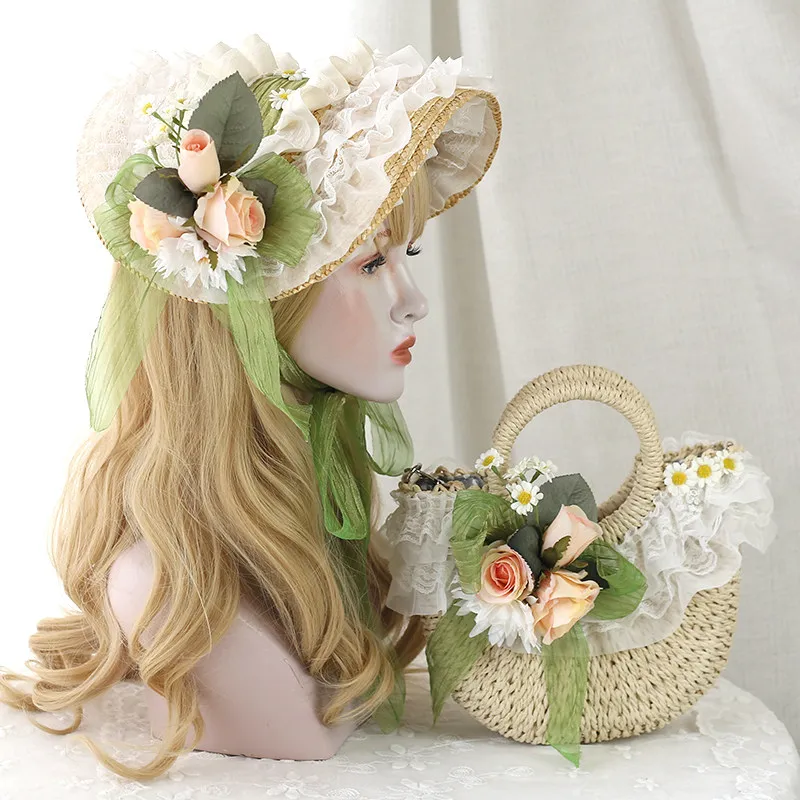 Girls Victorian Lolita Flat Bonnet Cap Headdress Womens Tea Party Sun Hat Lace Bows Flowers Ribbons Straw Hats and Handbag