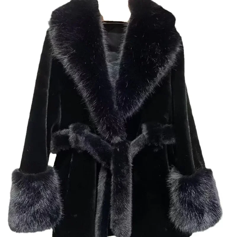 New Big Fur Collar Long Slim Jacket Environmentally Friendly European Mink Imitation Fox Fur Plush Coat High-grade Fur Integrat