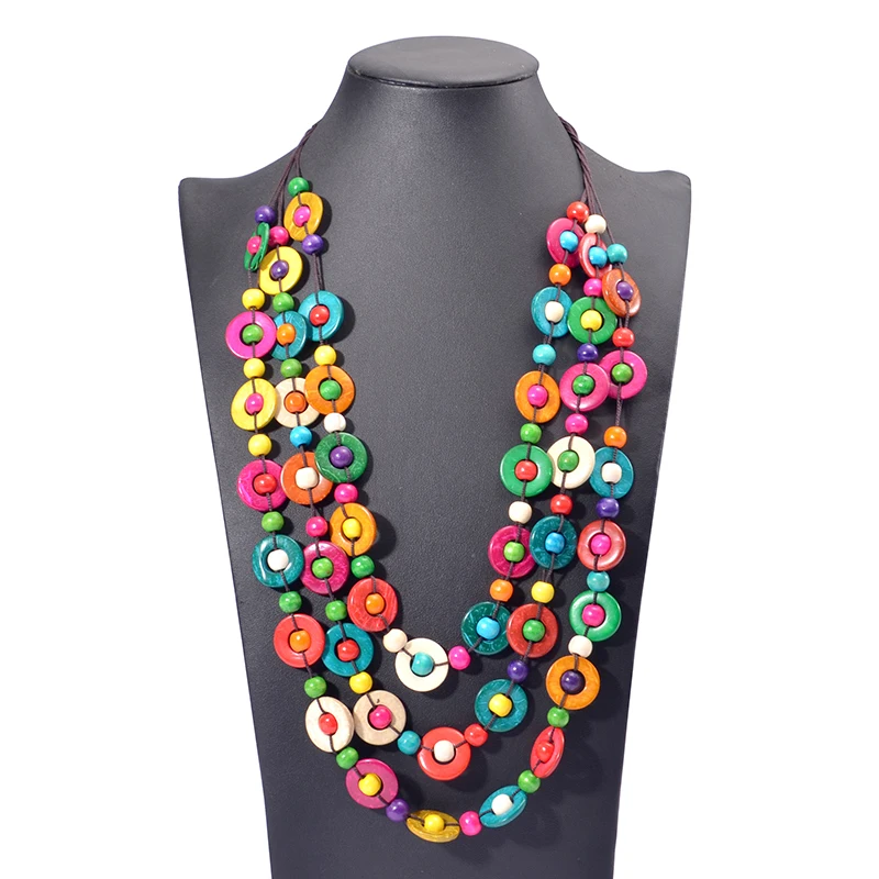 Ethnic Customs Handmade Multi Layer Color Wood Necklace & Pendant Bib Beads Jewelry Vintage Statement Jewelry