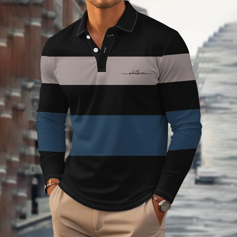 Stripe Pattern Print Polo Shirts Men Casual Street Lapel 2026 Golf Wear Men Tops Fashion Sport Comforts Men Long Sleeve T-Shirt