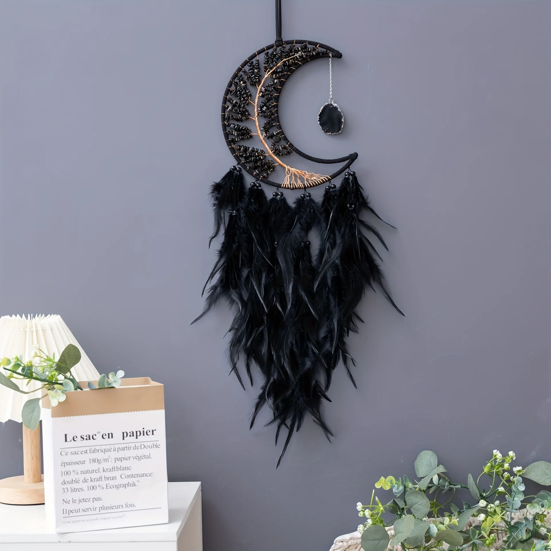 Hand-Crafted  Macrame Wall Hanging Dream Catcher - Bohemian  Decor with Pure Black  & Feathers - Aesthetic, Calming, Feng Shui W