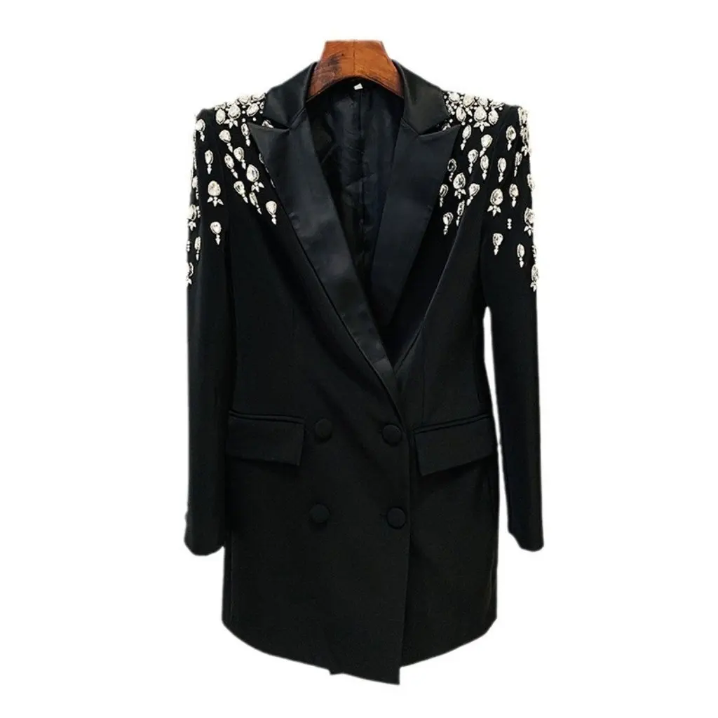 

European And American Star Fashion Handmade Beaded Diamond Slim Long Suit Jacket Spot Heavy Industry Elegant Women's Top