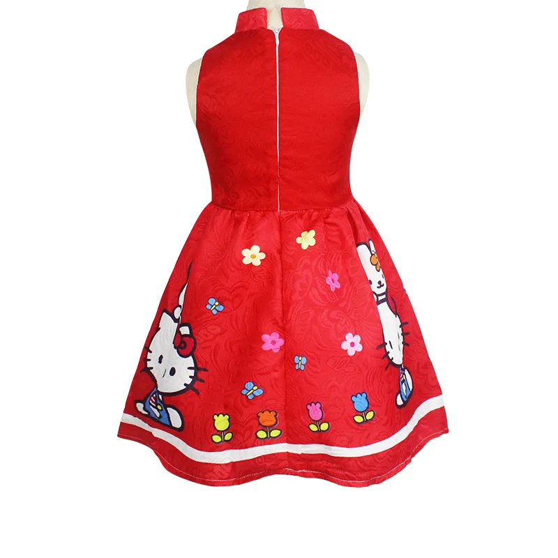 Hello Kitty Girls Dresses 2024 Summer Children Clothes Sleeveless Cartoon Printd Princess Dress Kids Cute Chi-pao Party Costumes