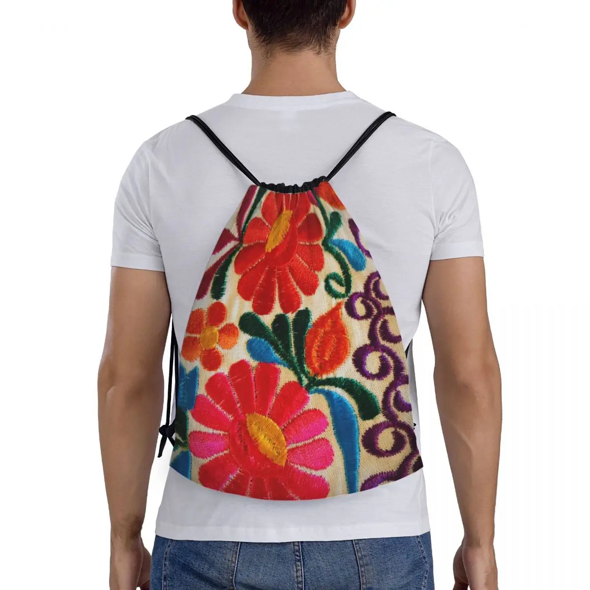 Custom Mexican Flower Embroidery Art Drawstring Backpack Bags Lightweight Textile Floral Folk Gym Sports Sackpack Sacks for Yoga