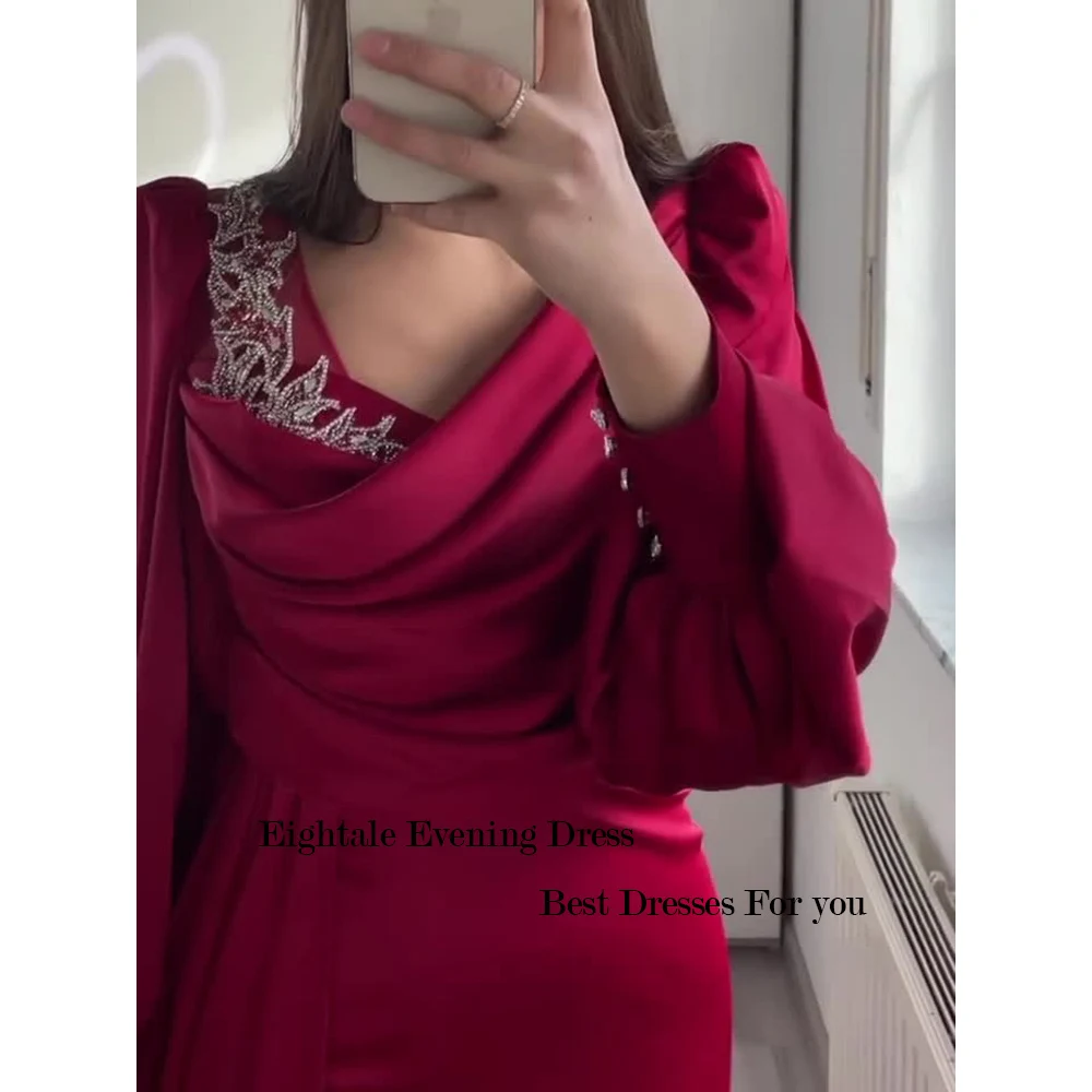 Red Long Puff Sleeve Evening Dress Women Elegant Luxury Appliques Beads Arabic Floor Length Prom Party Gown vestidos de noche