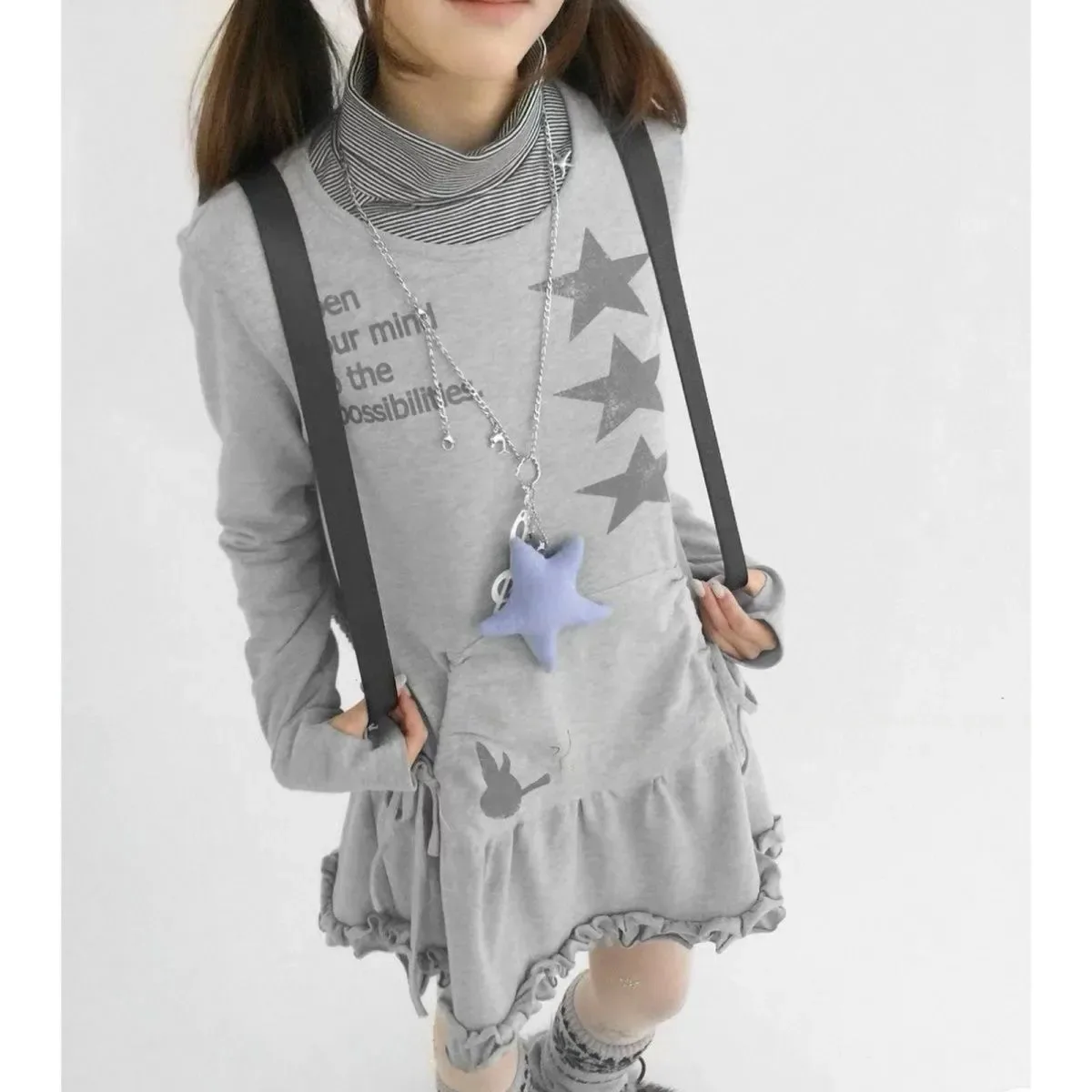Japanese Y2k Aesthetic Star Print Dress Women Vintage Punk Crew Neck Long Sleeve Drawstring Ruffle A-line Mini Dresses
