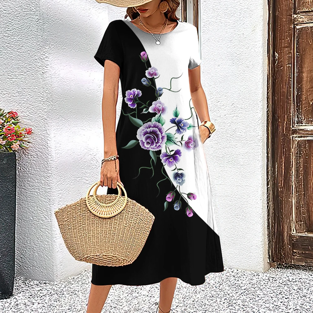 

2024 Fashion Floral Print Elegance Women Dresses Spring/Fall Casual Party Trend O-neck Color-blocking Short Sleeves Dresses