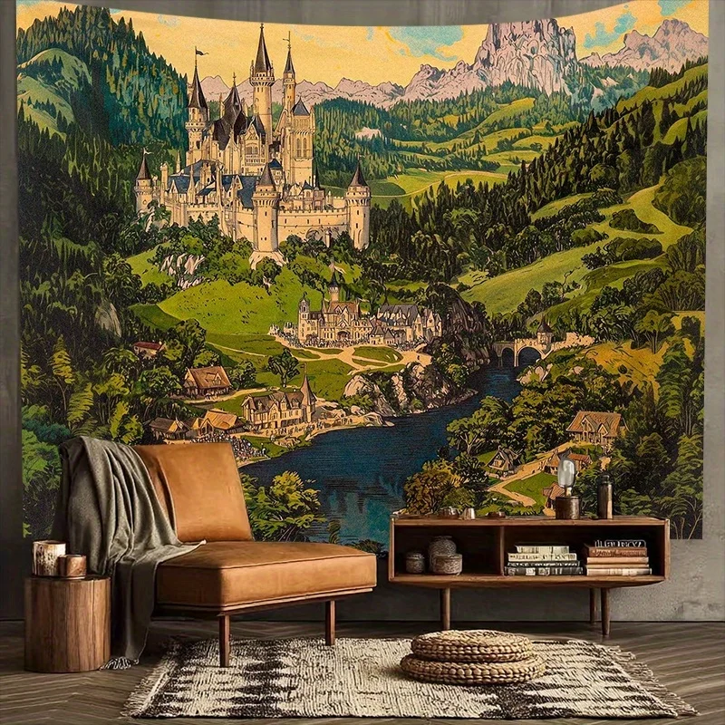 Epic Fantasy Castle Landscape Tapestry Mural Wall Hanging Medieval Cottagecore Style Green River Art Decor Romantic Bedroom