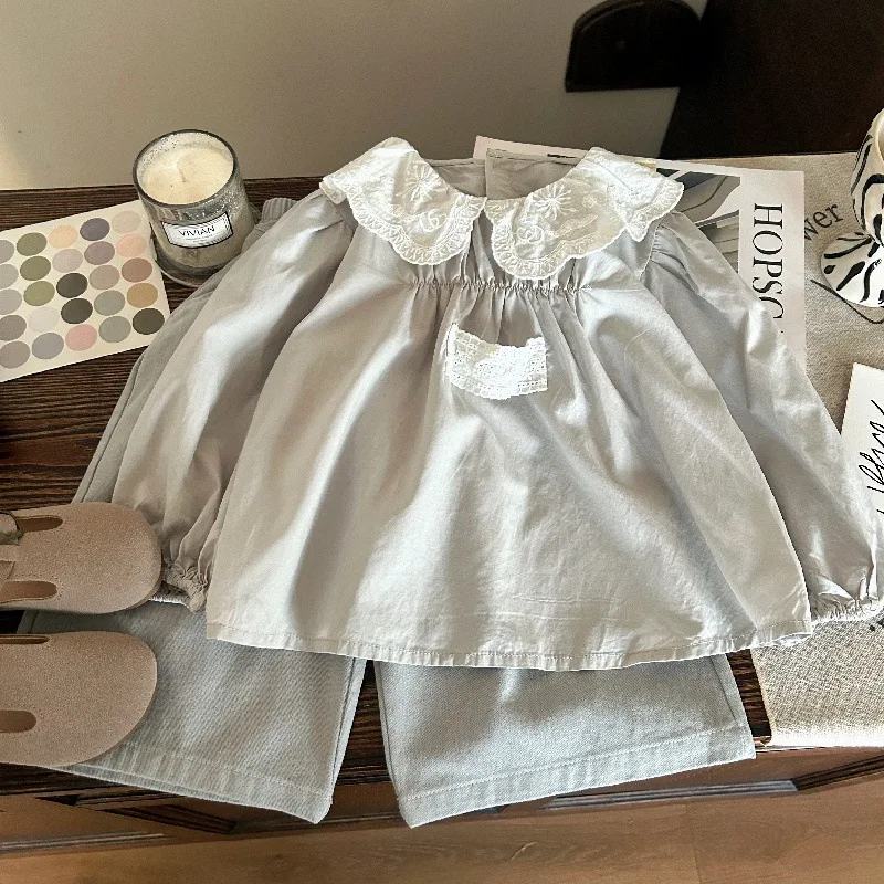 Wide-leg Pants Casual Cotton Grils Children Korean New Fashionable Spring Autumn Soft Comfortable Solid Sweet Light Blue
