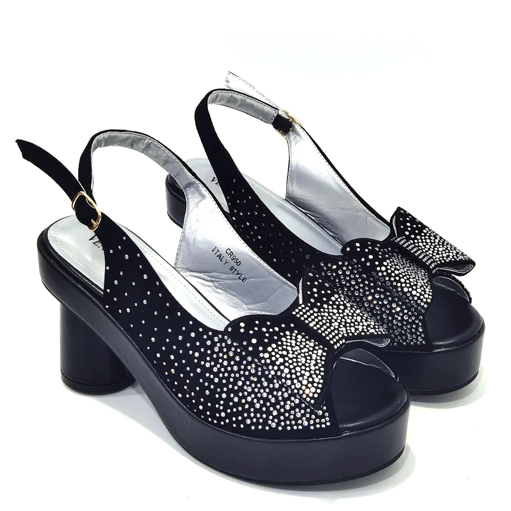 Women's Elegant Black Chunky Heel Platform Peep Toe Slingbacks Rhinestones Studded Sandals & Clutch Bag Set Wedding Party Evenin