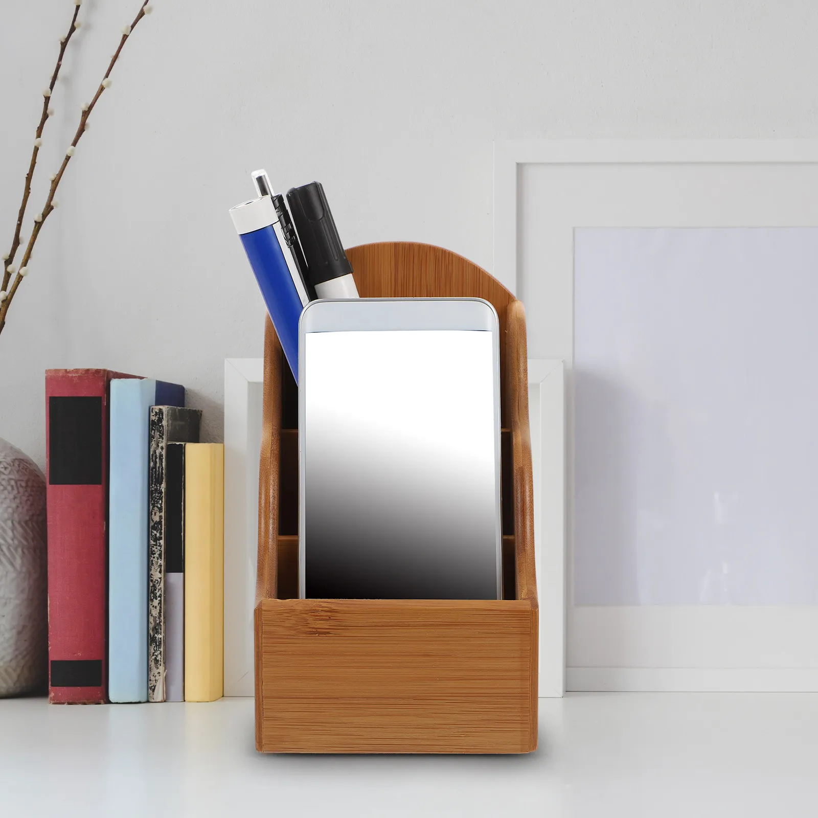 

1 шт. бамбуковый органайзер для хранения с отделениями, прочный, устойчивый, легкий, настольный органайзер для пультов, телефонов, ручек