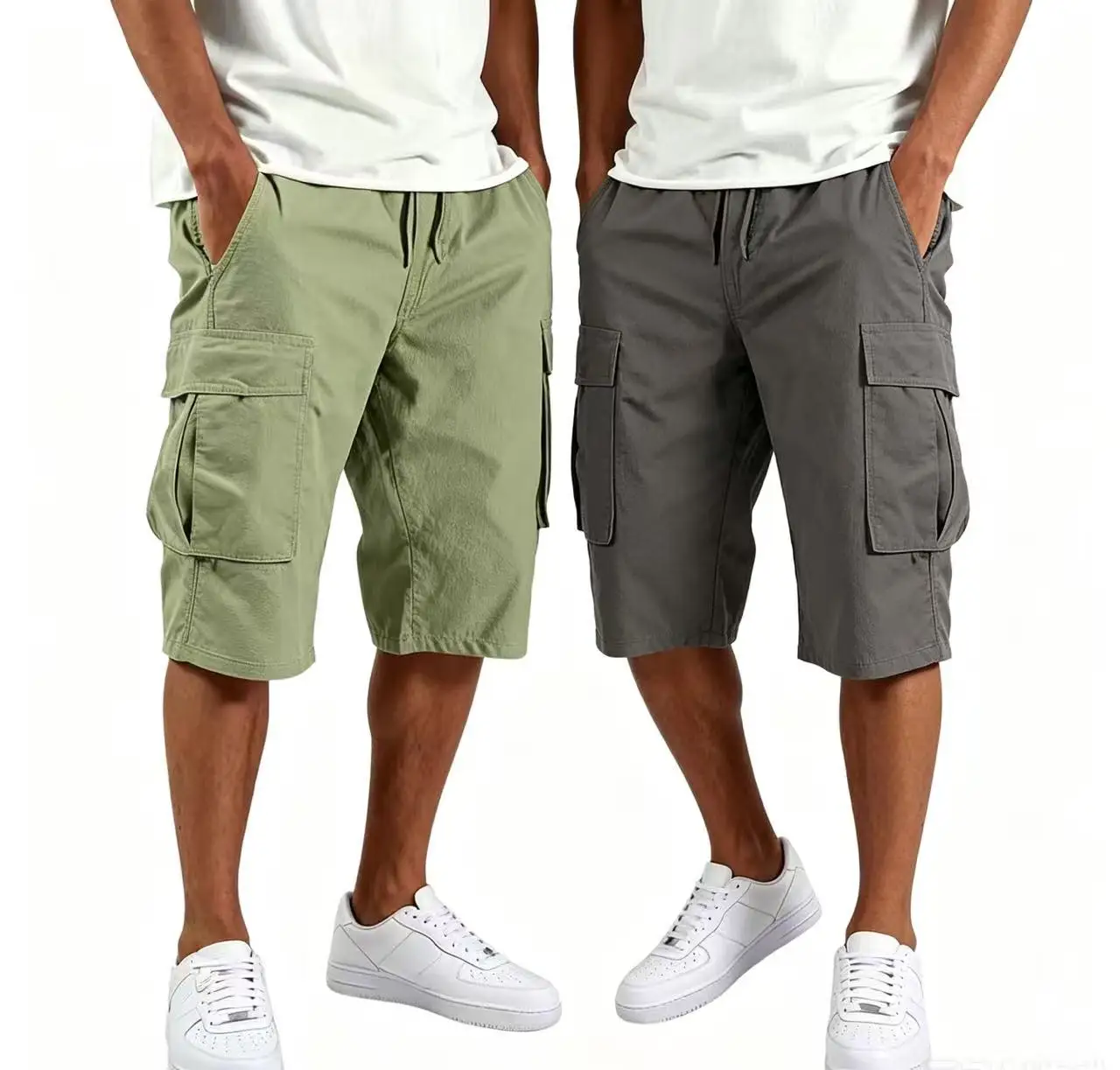 2 Pcs Pure Cotton Men Multi Pocket Cargo Capri Shorts Drawstring Loose Knee Length Casual Pants Multiple Colors Available Set view 3