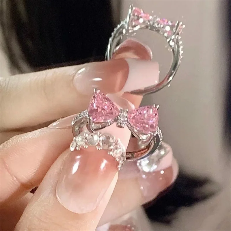 2023 Korean Sweet Princess Pink Bowknot Zircon Ring For Girl Birthday Party Jewelry Gift Accessories