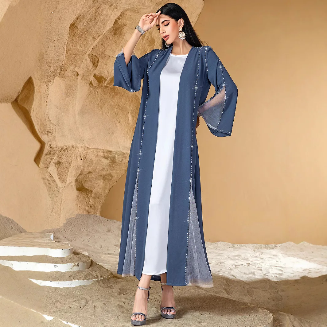 Femmes gris bleu décontracté à la mode en vrac élégant diamant à manches longues Cardigan Abaya femme vêtements moyen-orient musulman nouvelle mode