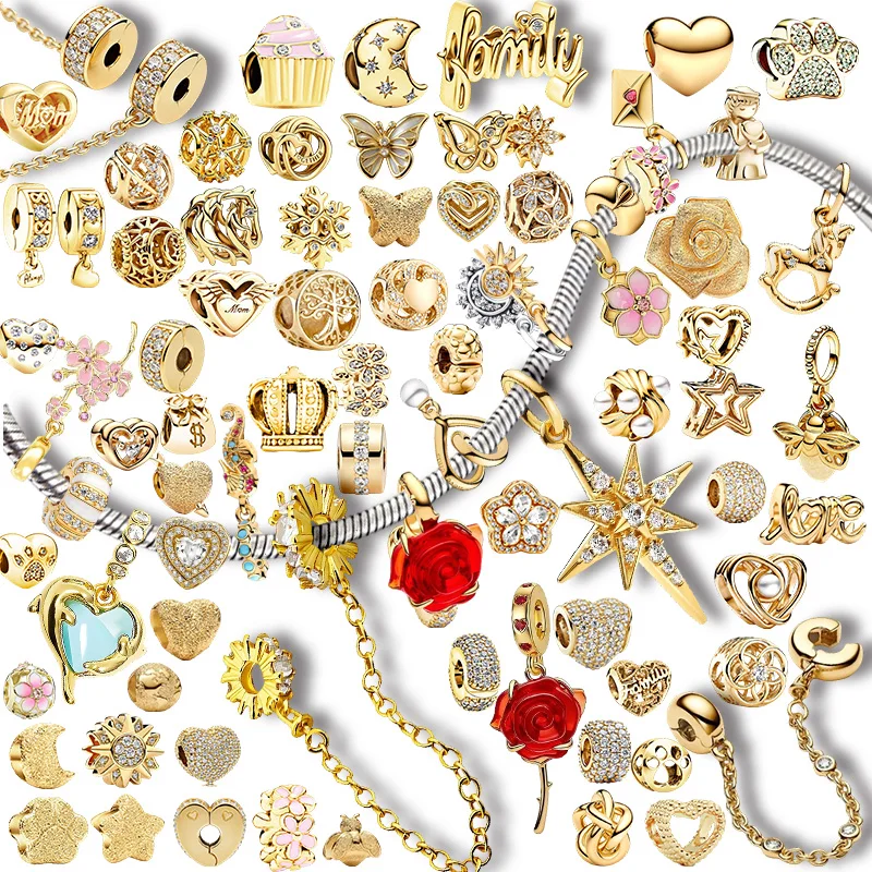 Neue Original-Charms-Perlen, Goldene Serie, Funkelnde Dreifach-Klarstein-Sicherheitskettenperlen Passend für Anhänger-Armband Damenschmuck Geschenk