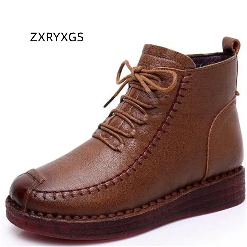 

ZXRYXGS 2023 Bestselling Premium Winter Genuine Leather Boots Warm Shoes Flat Boots Soft Sole Wear Casual Snow Boots Women Boots