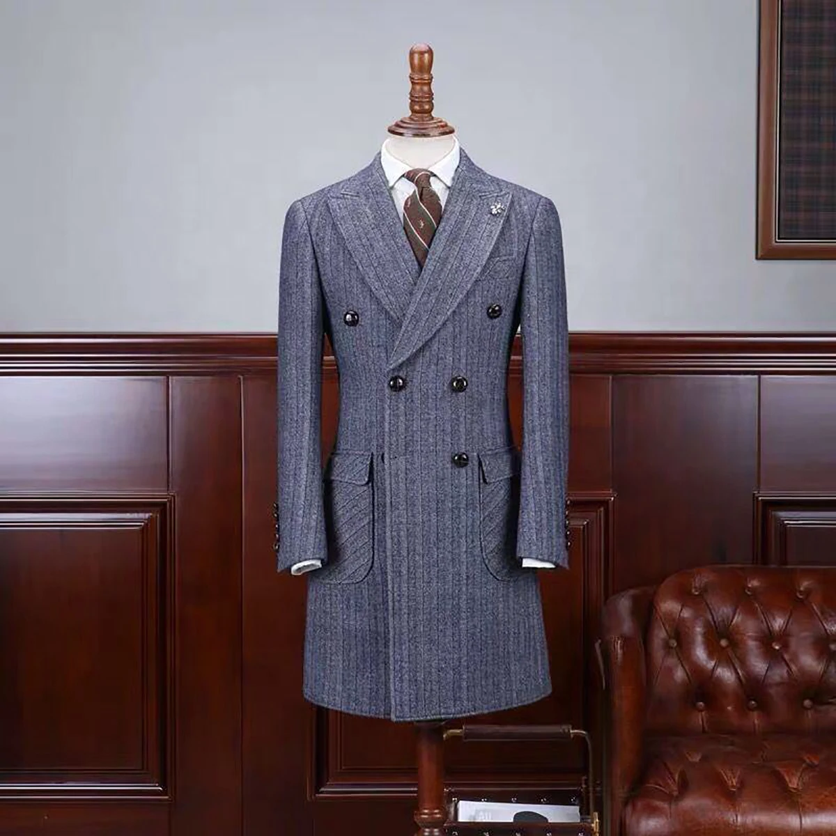 Abrigo de lana de invierno a rayas para hombre, gabardina gruesa de Tweed Formal, doble botonadura, ropa informal personalizada de talla grande