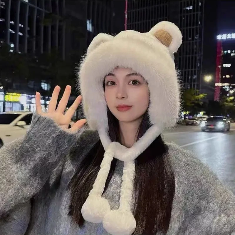 Outdoor Cycling Bear Plush Beanie with Earflap Thickened Warm Fleece Lined Hat Windproof for Women Girls Winter Casual Essential