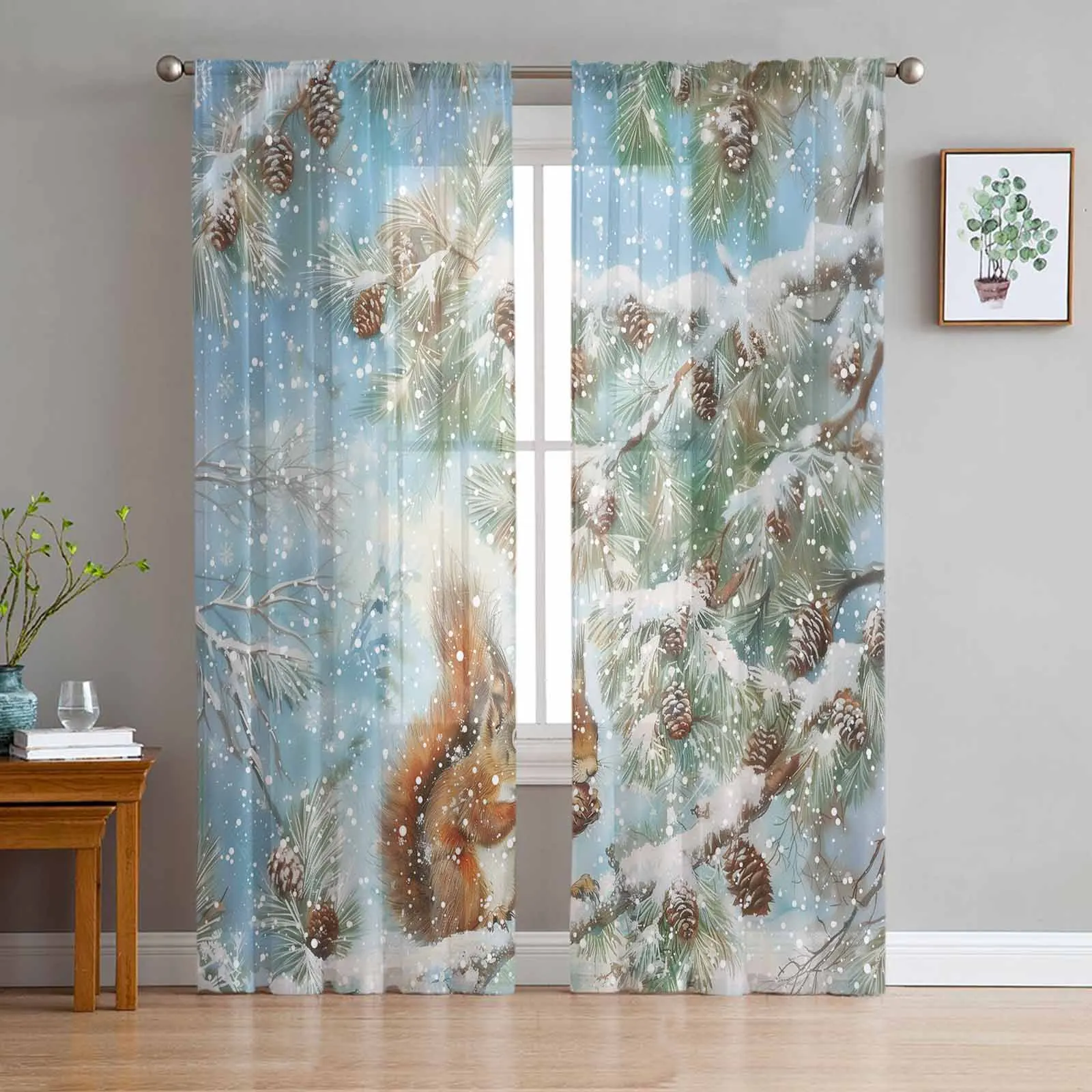 

Christmas Winter Squirrel Snowflake Pine Tree Tulle Curtains for Living Room Bedroom Sheer Voile Drapes Modern Printed Curtains